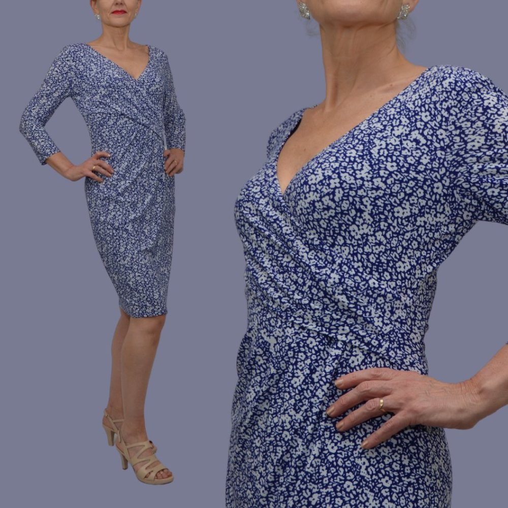 Lauren Ralph Lauren | Print Jersey Surplice Dress | Size 6 | Blue Multi